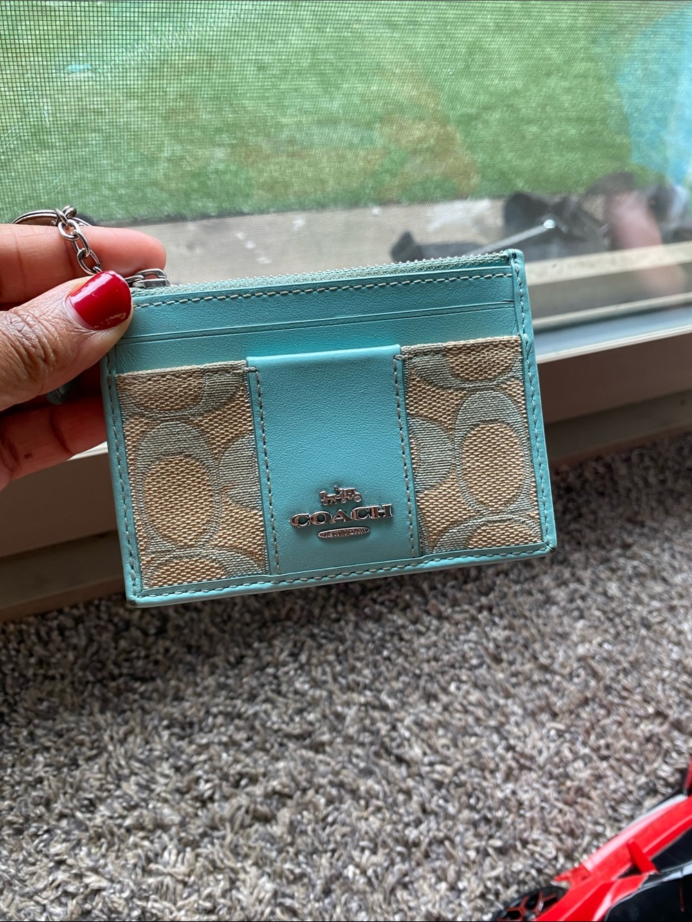 Coach Turquoise Signature Canvas Card Case with Key Chain - Picture 2 of 4